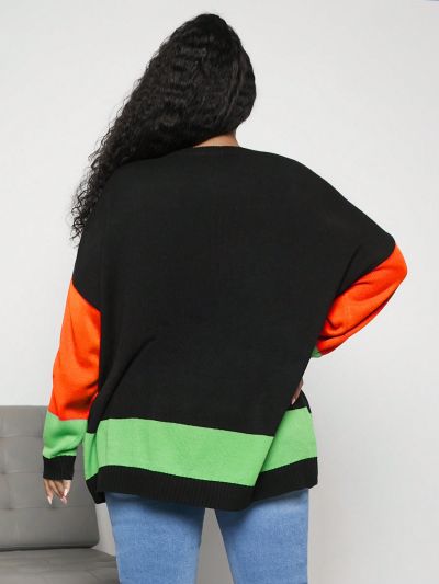 SHEIN CURVE+ Plus Size Women'S Loose Fit Casual Sweater With Contrast Color Star Pattern