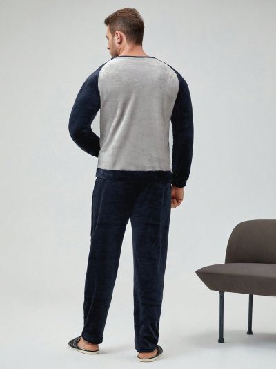 Men Paw Embroidery Raglan Sleeve Flannelette PJ Set