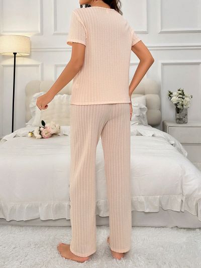 Embroidered Short Sleeve T-Shirt And Pants Homewear Set