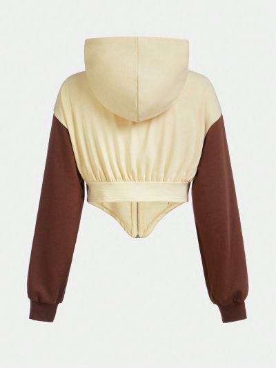 SHEIN Teen Girls' Colorblock Knit Hooded Cardigan With Drawstring Waist