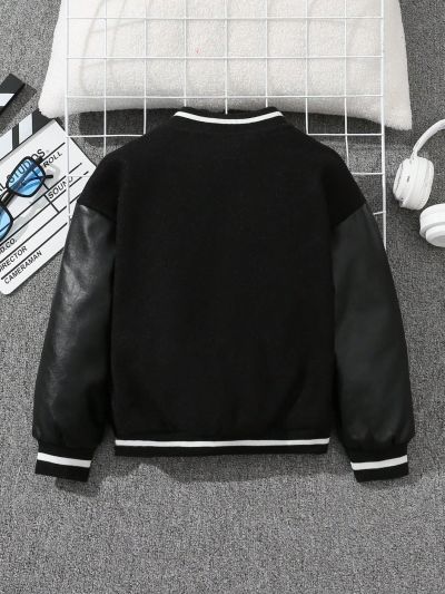 SHEIN Young Boy Letter Patched Striped Trim Teddy Lined Overcoat