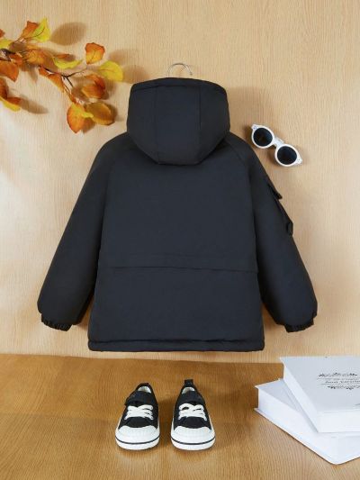 Boys' Black Hooded Long Sleeve Jacket For Autumn/winter