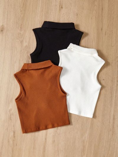 SHEIN Kids EVRYDAY Girls' Knitted Solid Color High-neck Sleeveless Fitted Casual Vest Top Set (3pcs)
