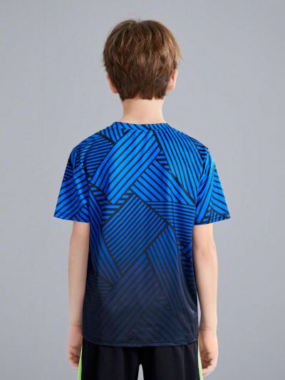 SHEIN Boys' Fit Sports Round Neck Letter Stripe Pattern Short-Sleeved T-Shirt