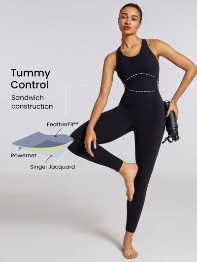 GLOWMODE 26" FeatherFit™ The League Racerback Tummy Control Jumpsuit Light Support Low Impact Yoga Studio