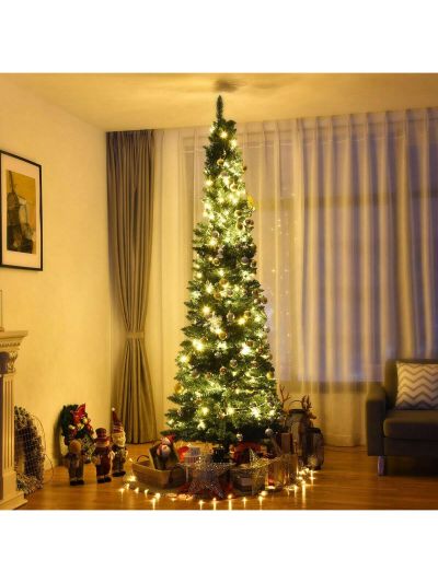 Gymax 8Ft PVC Artificial Pencil Christmas Tree Green Slim w/ Stand Home Holiday Decor