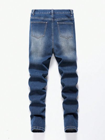 SHEIN Teen Boys' Casual Vintage Washed Ripped High Stretch Skinny Blue Jeans For Spring And Summer