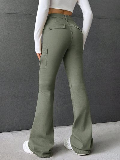 SHEIN Teen Girls Y2k High Waist Flap Pocket Side Flare Leg Cargo Jeans,Trendy For Spring And Summer Outfit