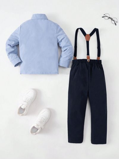 Toddler Boys' Long Sleeve Shirt With Bow Tie Decor And Suspender Pants Set