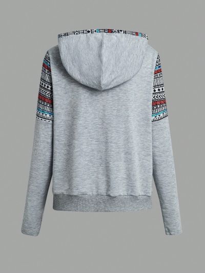 Printed Patchwork Drawstring Hoodie