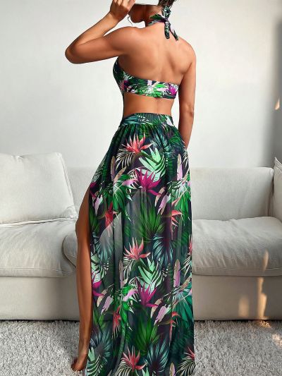 Tropical Print Halter One Piece Swimsuit With Beach Skirt