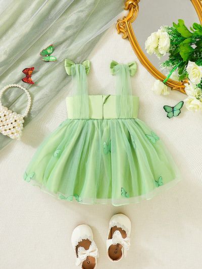 SHEIN Baby Girl Butterfly Print Bow Shoulder Mesh Overlay Cami Dress