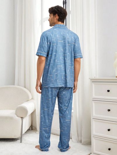 Letter Printed Polo Collar Short Sleeve Top And Pants Homewear Set