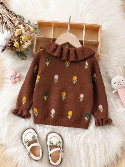 Baby Girls' Sweater With Floral Pattern And Ruffle Edge