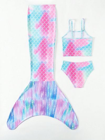 Little Girl's Mermaid Three-Piece Swimsuit Including Fishtail Dress-Up Cover Up
