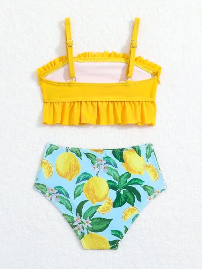 Baby Girl Frilled Edges Design And Fruit Printed Swimsuit Set, Random Pattern