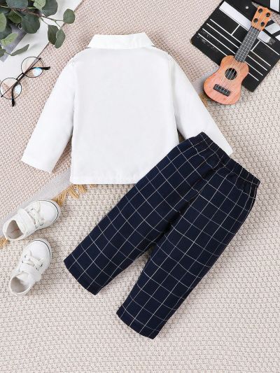 2pcs/Set Baby Boys' Spring Casual Plaid Elegant Vintage 2 In 1 Suit Shirt & Pants, Great For Going Out