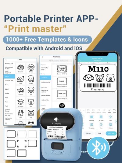 Phomemo M110 Label Makers - Portable Bluetooth Thermal Label Maker Printer for Barcode, Clothing, Jewelry, Retail, Mailing, Wireless Sticker Label Printer Compatible with Android & iOS System, with 1pack 40×30mm Label