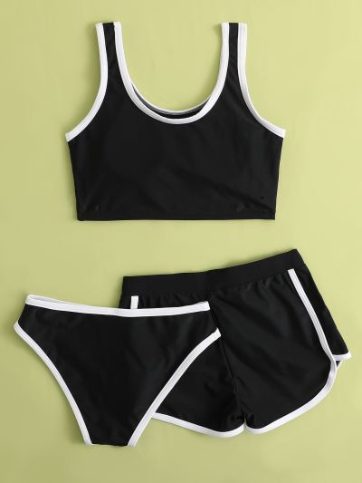 3pack Girls Contrast Binding Bikini Swimsuit & Shorts
