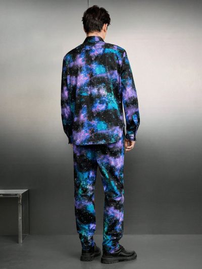 Manfinity Unisex Men's Wide Loose Fit Tie Dye Print Woven Casual Shirt And Long Trousers Two Piece Outfit