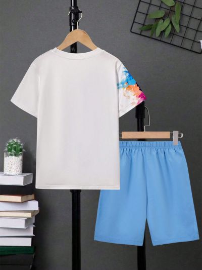 SHEIN Tween Boy Tiger Print Tee & Letter Patched Detail Shorts