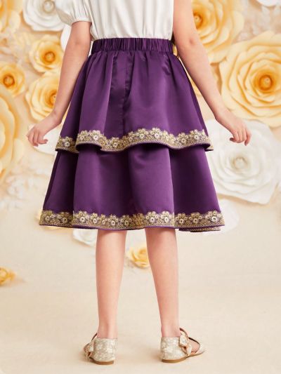 SHEIN Kids Nujoom Tween Girls' Adorable Lace Decor Double-Layered Midi Skirt