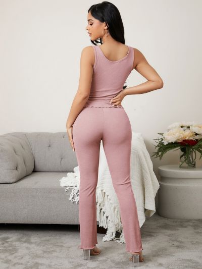 Button Front Lettuce Trim Tank Top & Pants Lounge Set