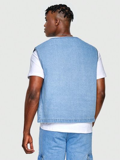 ROMWE Street Life Men's Solid Color Simple Sleeveless Denim Jacket