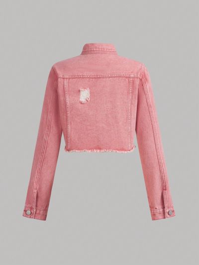 Teen Girl Ripped Raw Hem Denim Jacket