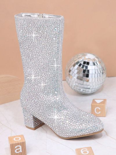Girls Rhinestone Side Zipper Chunky Heeled Boots