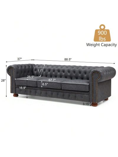 Leather Couches for Living Room, 3 Seater Classic Chesterfield Sofa Couch with Button Tufted Back and Roll Arms, 88.5-Inch Faux Leather Sofa with Nailhead Trim and Solid Wood Legs