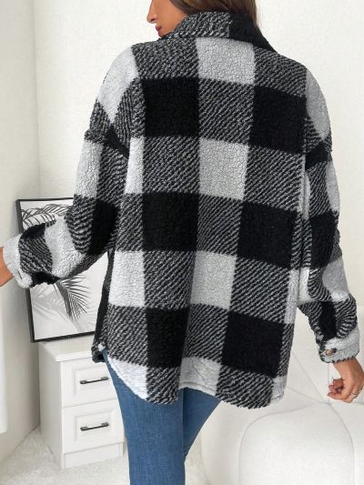 SHEIN Maternity Buffalo Plaid Print Drop Shoulder Teddy Coat