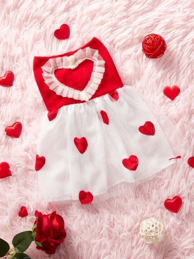PETSIN Red Mesh Heart Design Embroidery White Ruffle Trim Pet Dress With Heart Valentine's Day