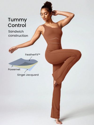 GLOWMODE 30" FeatherFit™ Asymmetrical Double Shoulder Strap Tummy Control Flared Jumpsuit Light Support Low Impact Yoga Studio