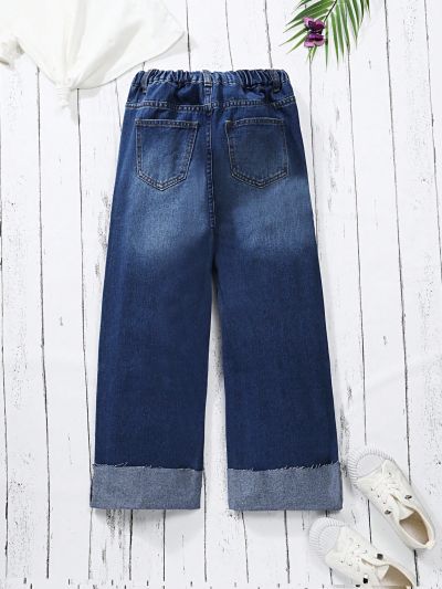 Girls' Distressed Straight Leg Jeans With Rolled Hem