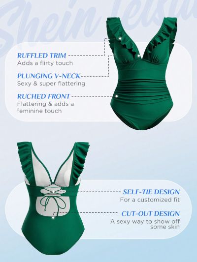 SHEIN Swim Vcay Summer Beach Ruffle Trim Plunging Neck One Piece Swimsuit
