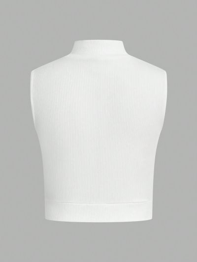 SHEIN Kids Cooltwn Tween Girl's Casual Knit Solid Color Stand Collar Vest Top For Spring/Summer