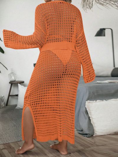 SHEIN WYWH Plus Drop Shoulder Open Knit Sweater & Split Thigh Knit Skirt Without Lingerie