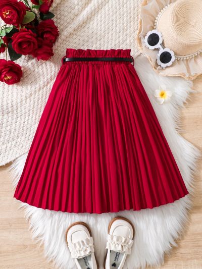 SHEIN Kids Nujoom Little Girls' Fashionable Paper Bag Waist Pleated Skirt With Belt