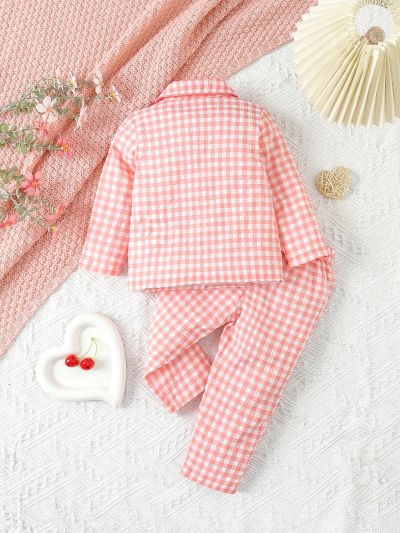 Baby Girls' Pink Checkered Crinkled Collar Set, Long Pants And Long Sleeve Shirt, 2pcs Homewear