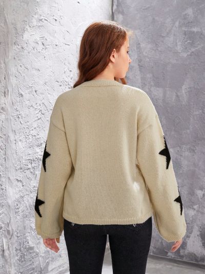 Teen Girls' Trendy Loose Fit Star Pattern Drop Shoulder Sweater