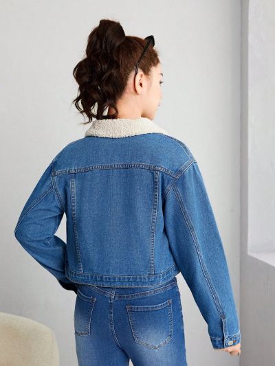 SHEIN Teen Girl Contrast Collar Flap Detail Denim Jacket