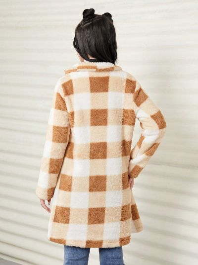 SHEIN Girls' Plaid Fluffy Jacket