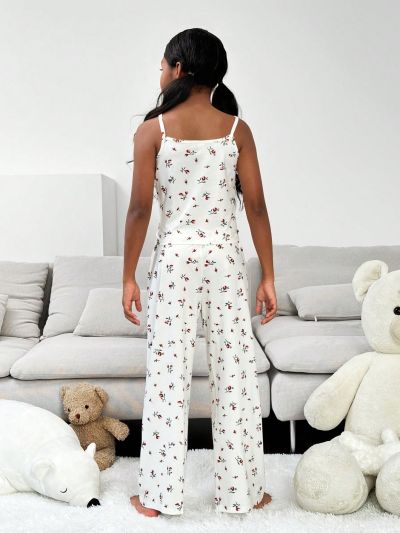 SHEIN Tween Girls' Casual Knit Floral Print Cami Pajama Set