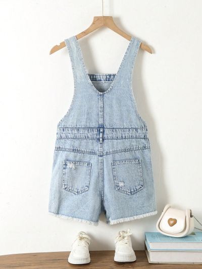 Girls' Basic Casual Light Blue Washed Cutout & Distressed Denim Shortalls With Frayed Hem
