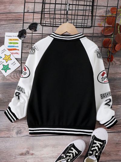 Teenage Boys' Letter Patchwork Baseball Jacket With Contrast Sleeves