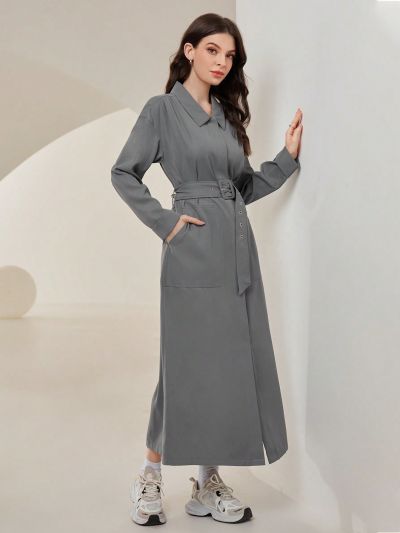 SHEIN Mulvari Women's Solid Color Drop Shoulder Belted Dress