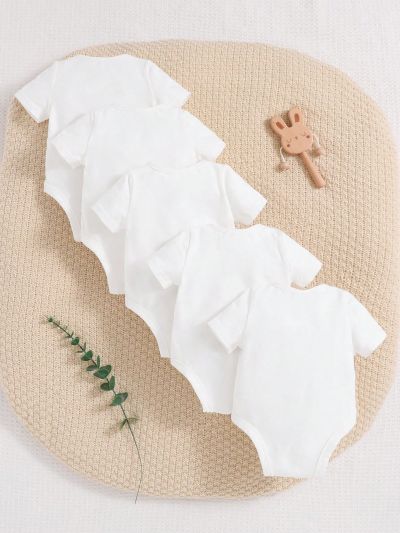 SHEIN Newborn Baby Boy Casual Solid Color Round Neck Short Sleeve Bodysuit 5pcs/Set