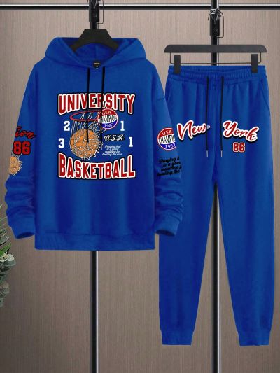 Men's Basketball Letter Print Drawstring Hoodie And Pants Set