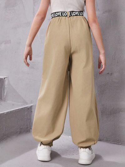 SHEIN Kids HYPEME Girls' Sports Street Fashion Woven Solid Color Leggings Overalls Trousers